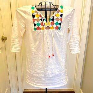 Boden Tunic, 3/4 sleeves, cream with embroidered pattern